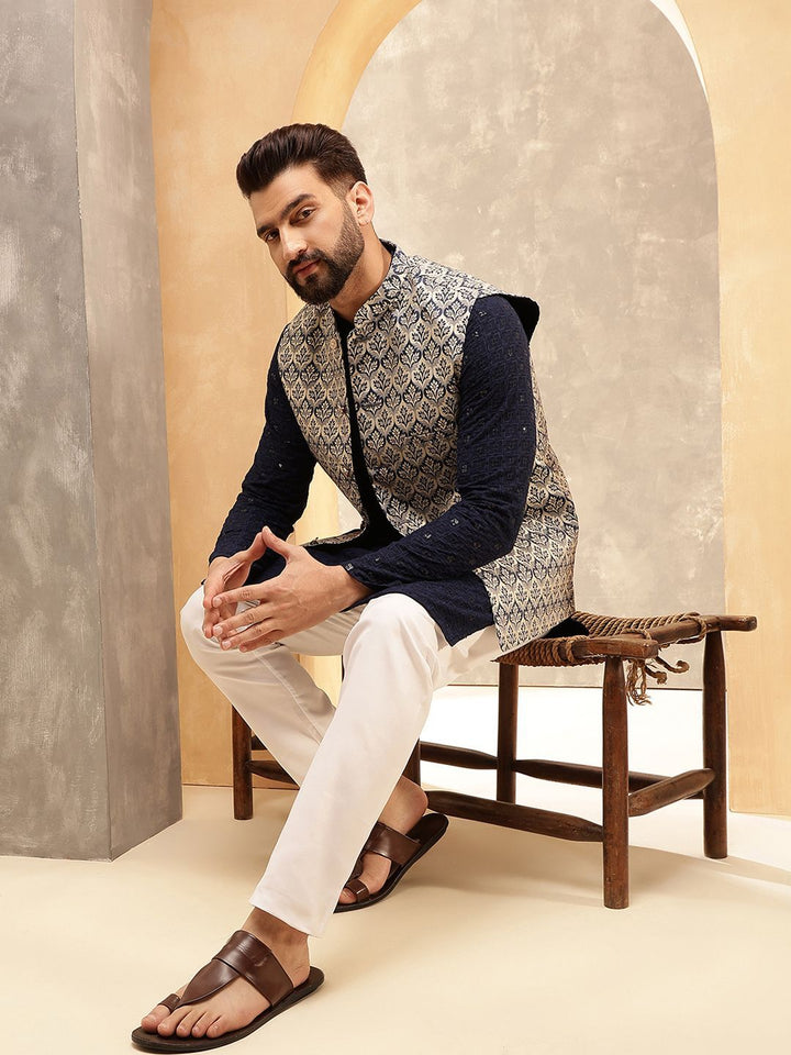 Anouk Navy Blue Embroidered Pure Cotton Straight Kurta With Pyjamas And Nehru Jacket