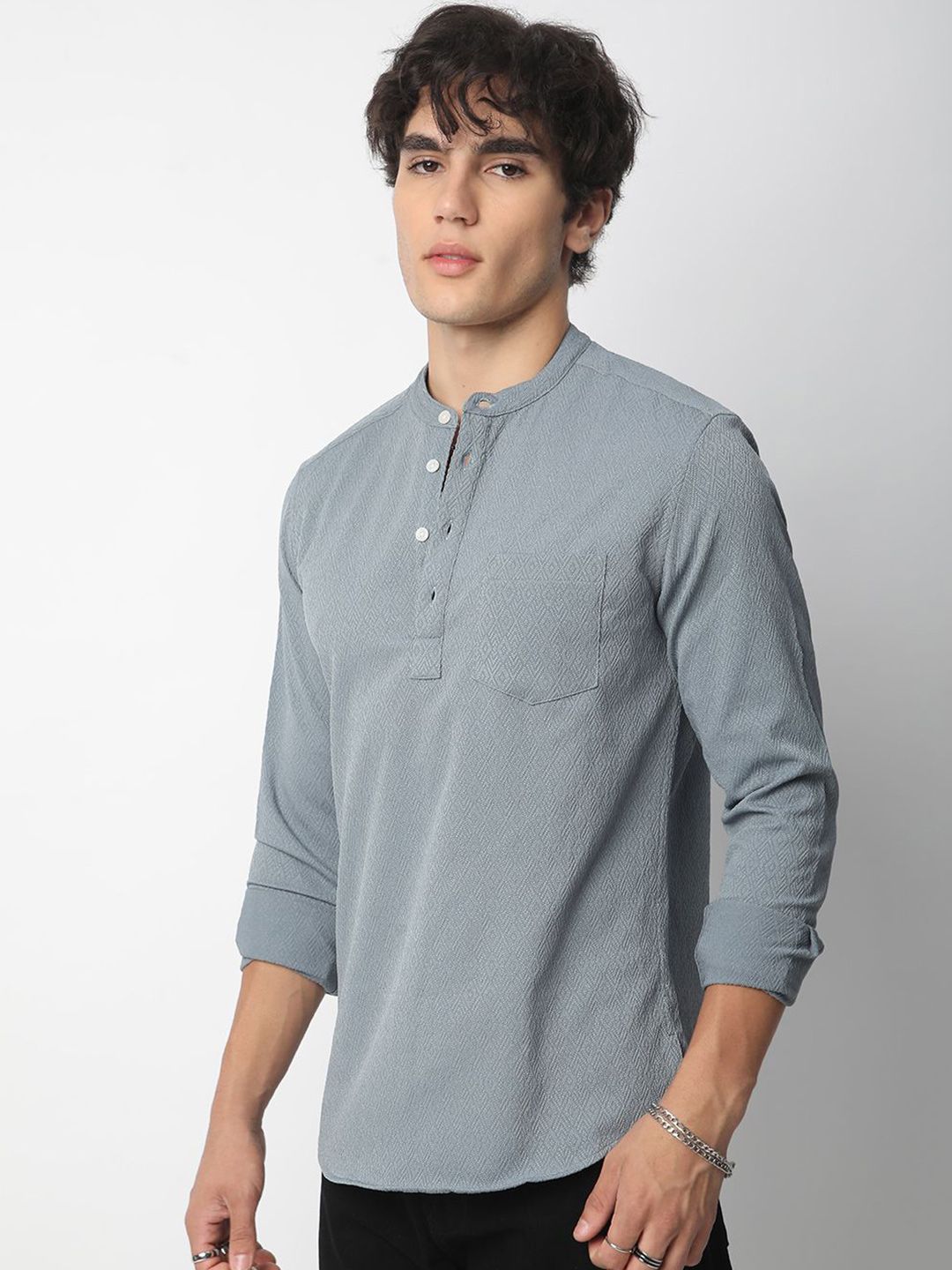 VASTRADO Ornate Ethnic Motifs Woven Design Mandarin Collar Jacquard Straight Short Kurta