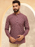 Anouk Maroon Etnik Motif Bercetak Kolar Jalur Kurta Pendek Lurus