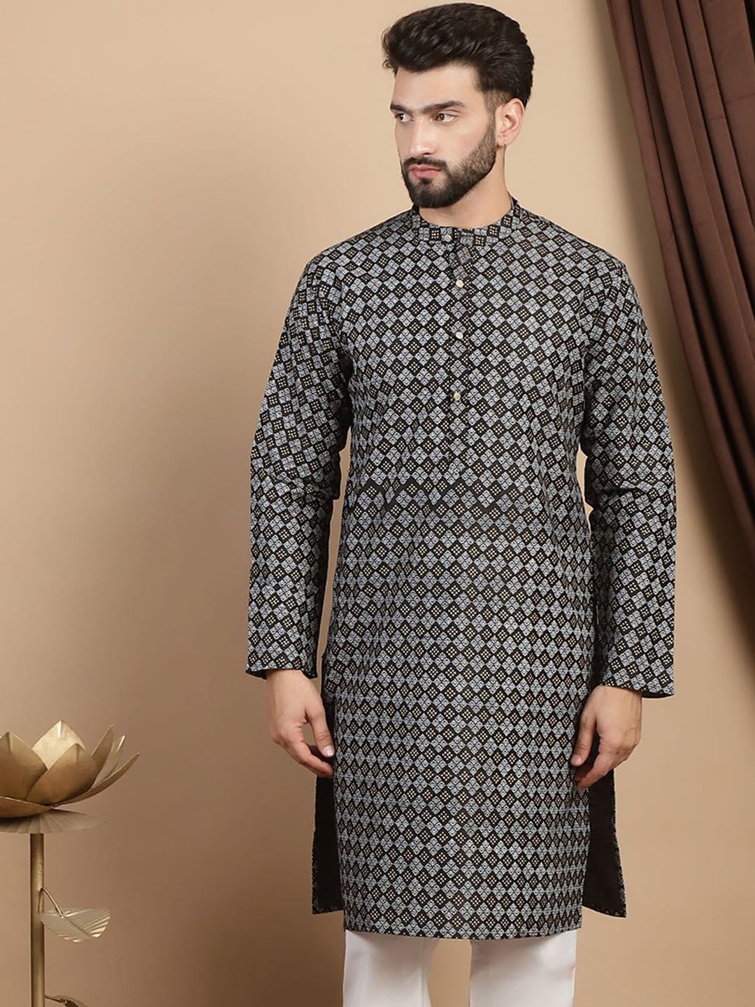Anouk Black Ethnic Motifs Mandarin Collar Printed Straight Kurta