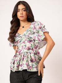 DressBerry Flutter Florals Printed Satin Finish Peplum Top