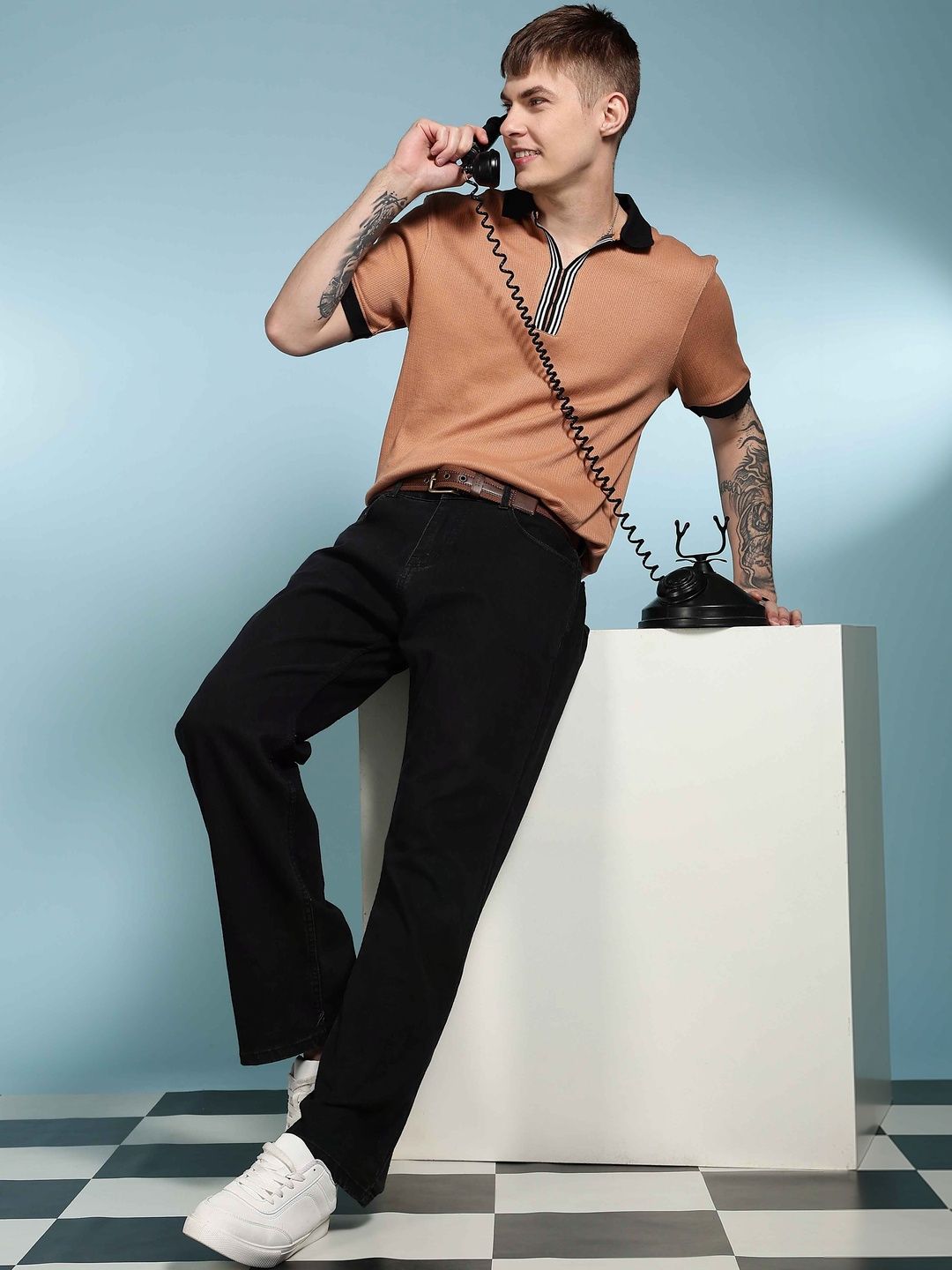 Eszett Korean Textured Fabric Self Design Cotton Polo Collar Short Sleeves T-shirt