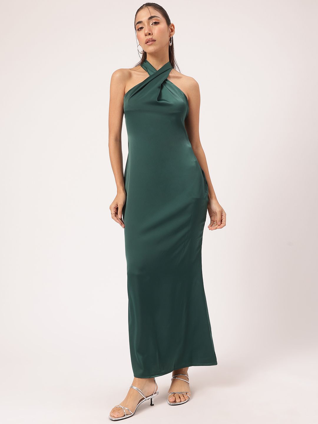 DressBerry Luxe Luster Halter Neck Satin-Finish Maxi Sheath Dress