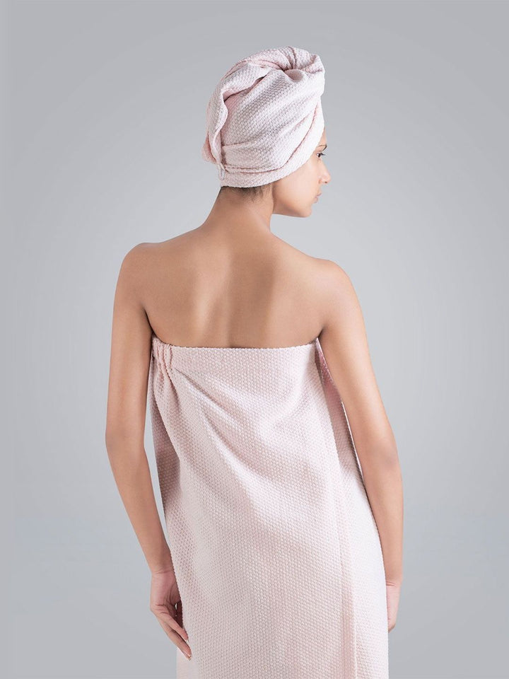 MYTRIDENT Pink Cotton High Absorbency Bath Robe With Head Wrap Set