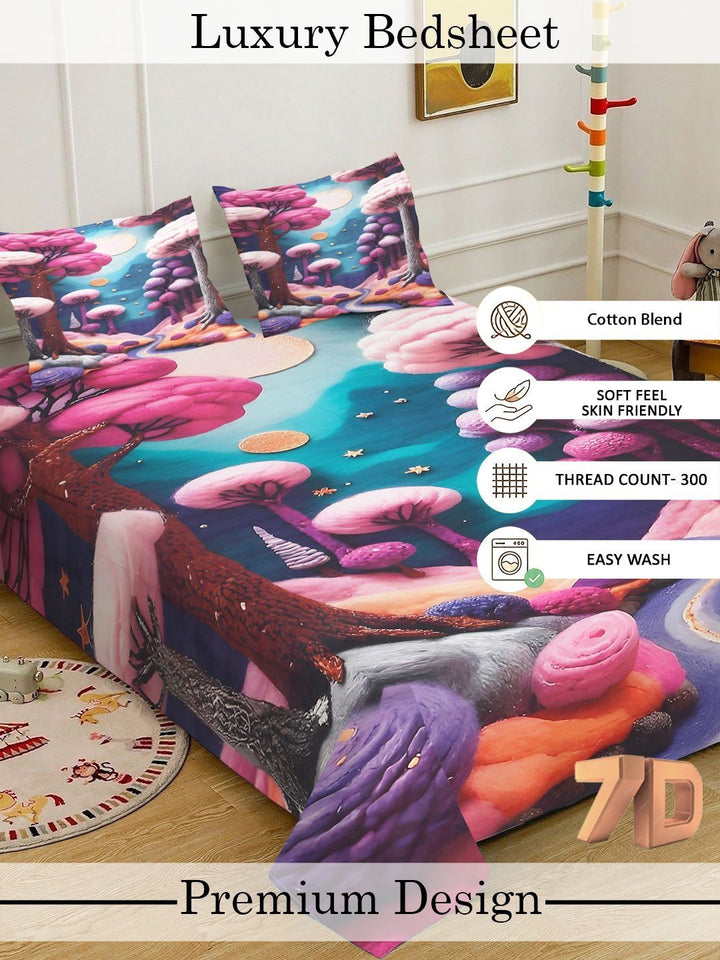 Myntra Elegant Purple & Pink Floral 400 TC King 7D Bedsheet & 2 Pillow Cover 250X225 cm
