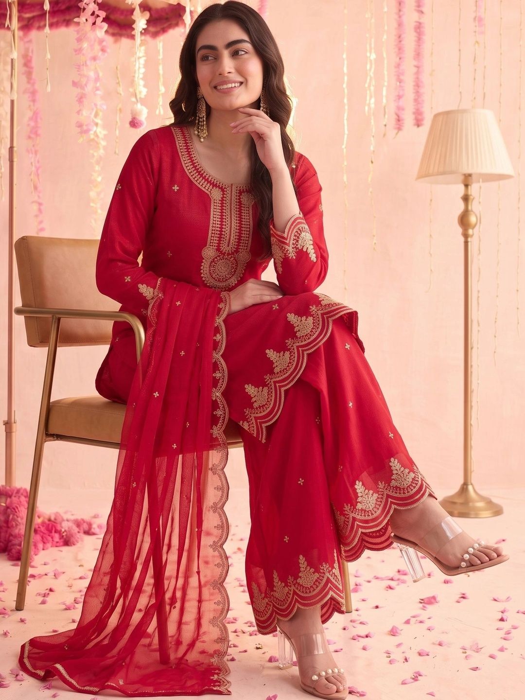 Mamicha Women Ethnic Motifs Embroidered Regular Kurta with Palazzos & With Dupatta