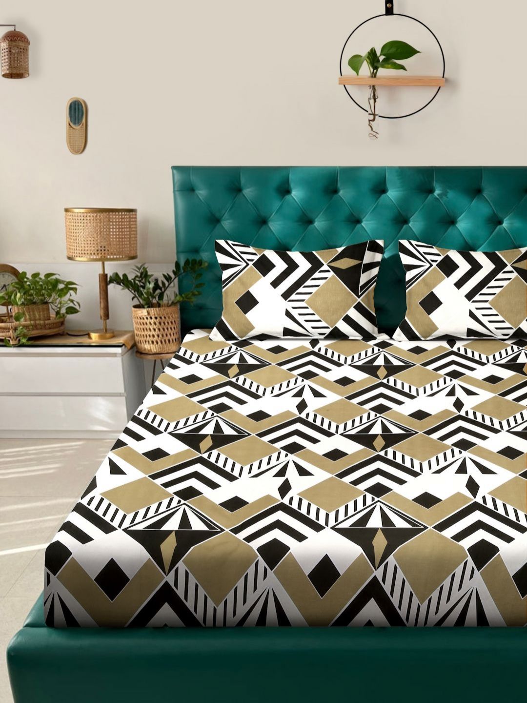 Aura White Geometric Cotton 300 TC King Fine Bedsheet with 2 Pillow Covers-98 x 89 inches