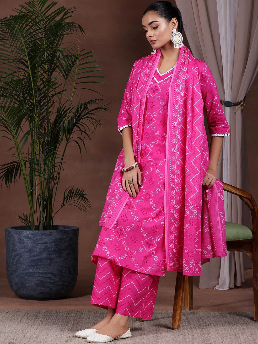 Libas Bandhani Printed Pure Cotton Kurta with Palazzos & Dupatta