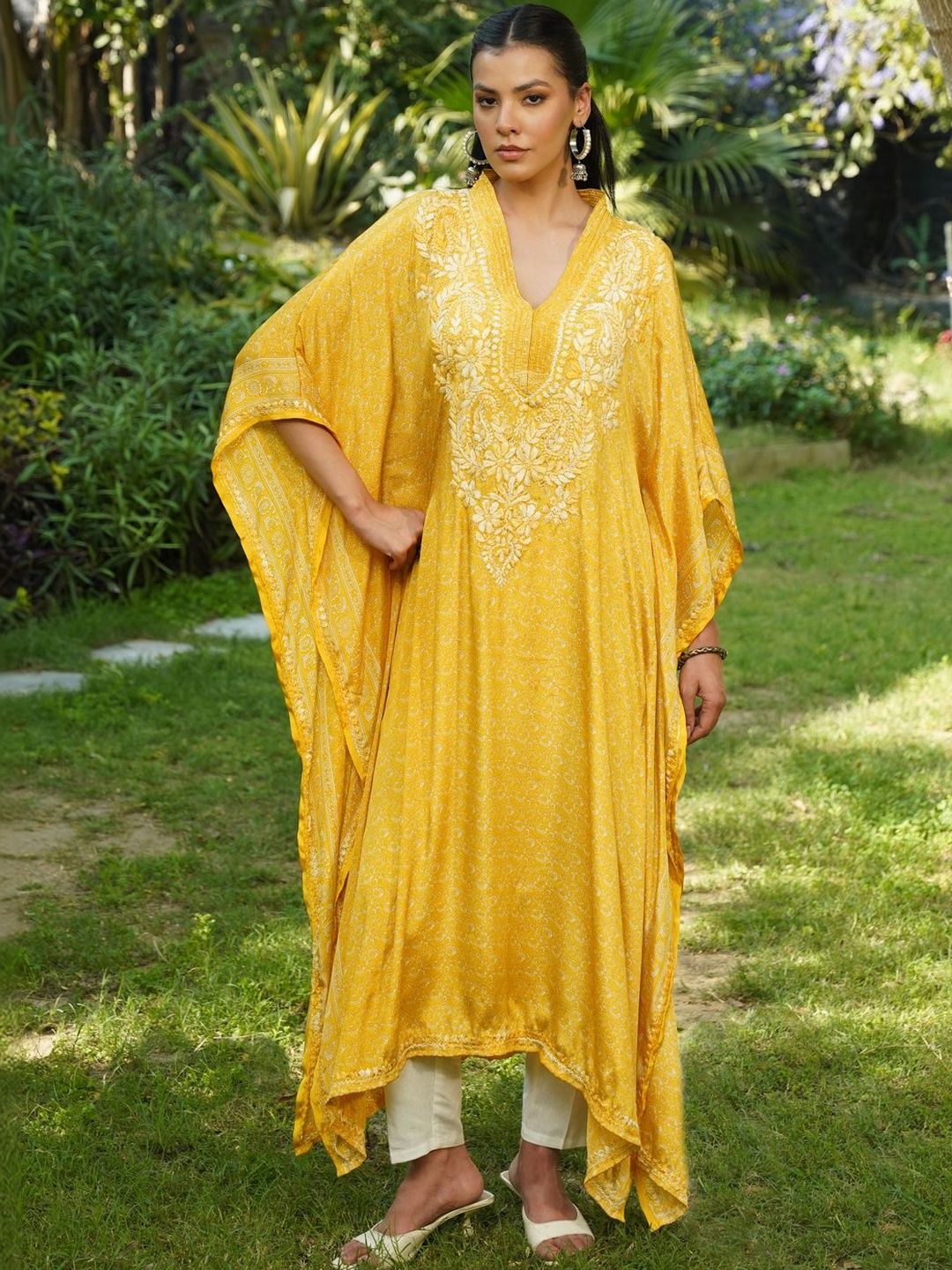 House of Chikankari Women Printed Chikankari Crepe Kaftan Kurta