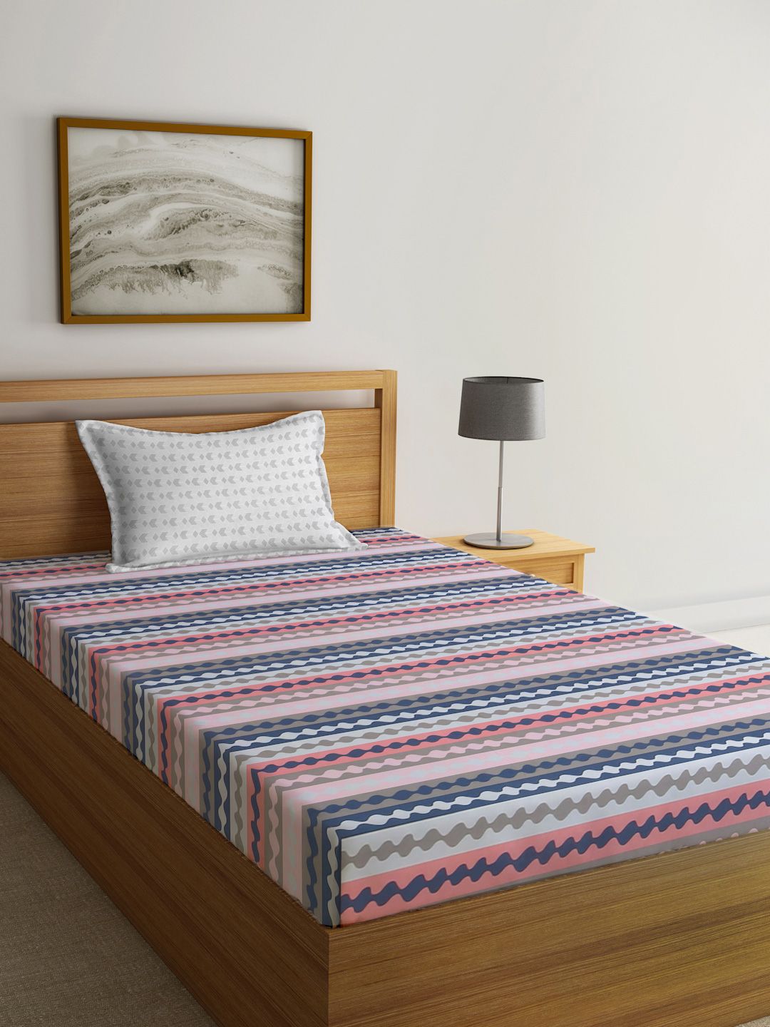 Myntra Elegant Homes Blue & Pink Abstract Printed 300 TC Single Bedsheet Set
