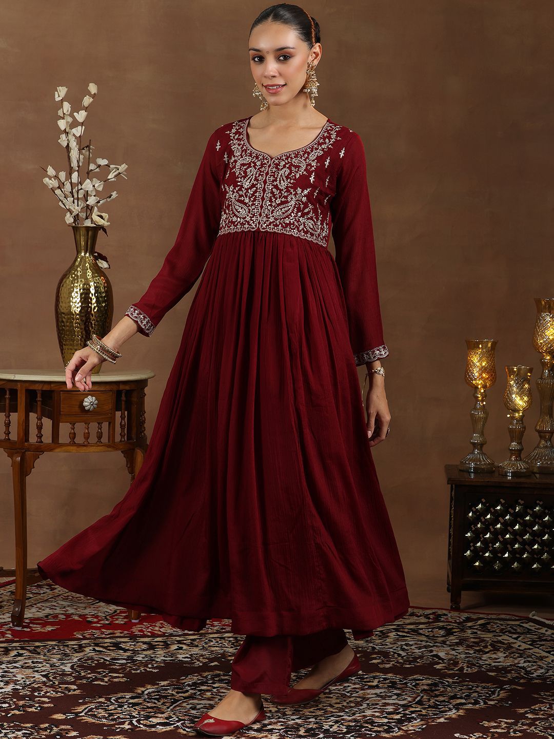 Libas Floral Yoke Design Zari Anarkali Kurta with Trousers & Dupatta