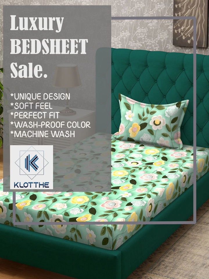 KLOTTHE Green & Pink Floral Printed Flat 300 TC Single Cadar 7D Dengan Sarung Bantal