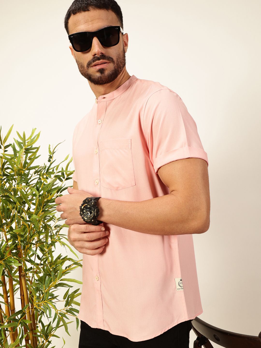 Thomas Scott Men Premium Solid Mandarin Collar Casual Shirt