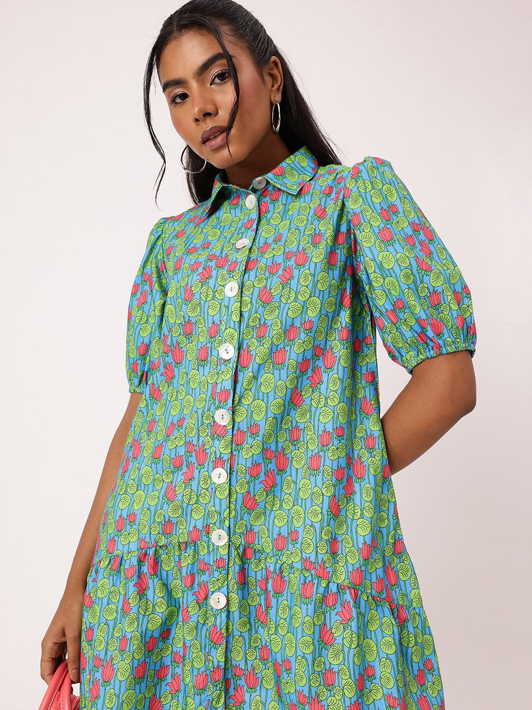 DressBerry Charming Floral Print Puffed Gathers Shirt Style Mini Dress