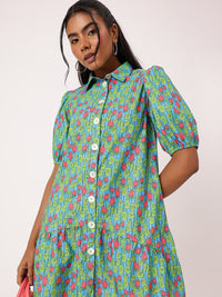DressBerry Charming Floral Print Puffed Gathers Shirt Style Mini Dress