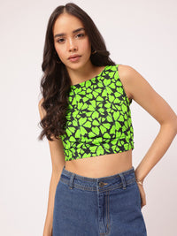 DressBerry Cyber Lime Bow Chic Floral Print Crop Top