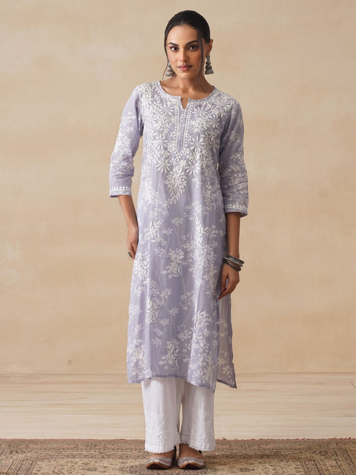 House of Chikankari Women Grey Mulmul Chikankari Embroidered Kurta