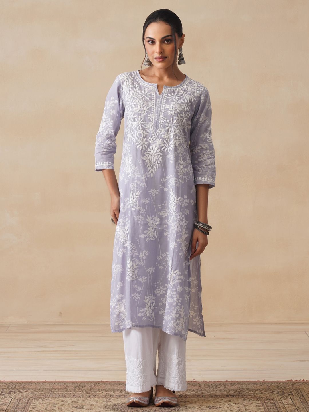 House of Chikankari Women Grey Mulmul Chikankari Embroidered Kurta