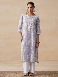 House of Chikankari Women Grey Mulmul Chikankari Embroidered Kurta