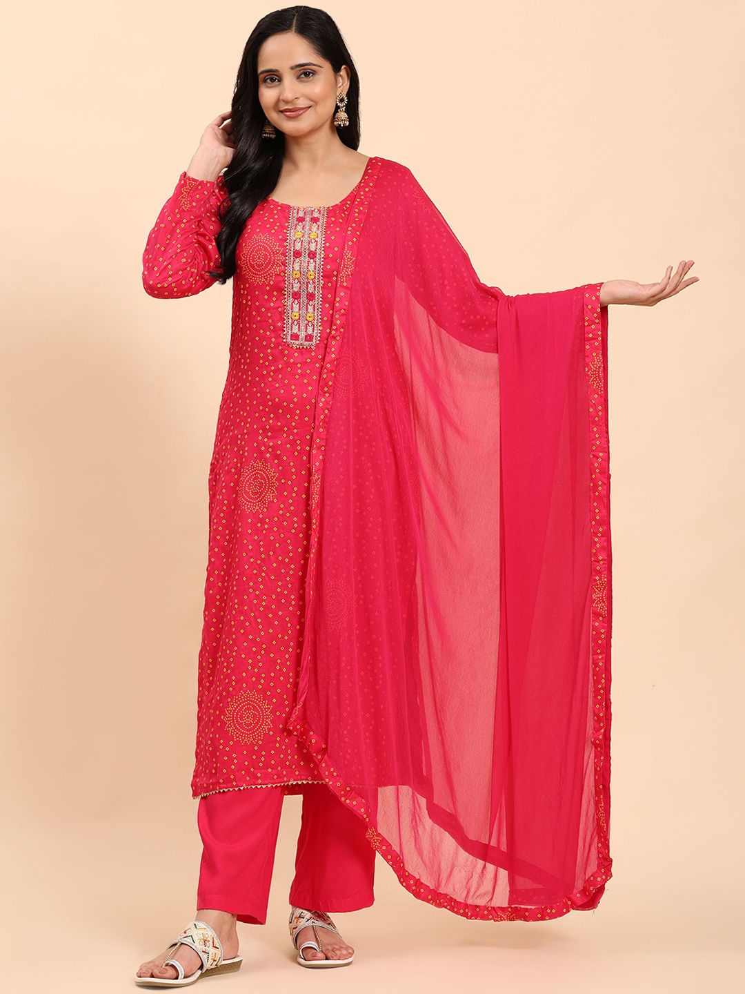 Mamicha Women Bandhani Embroidered Regular Pure Cotton Kurta with Palazzos & With Dupatta
