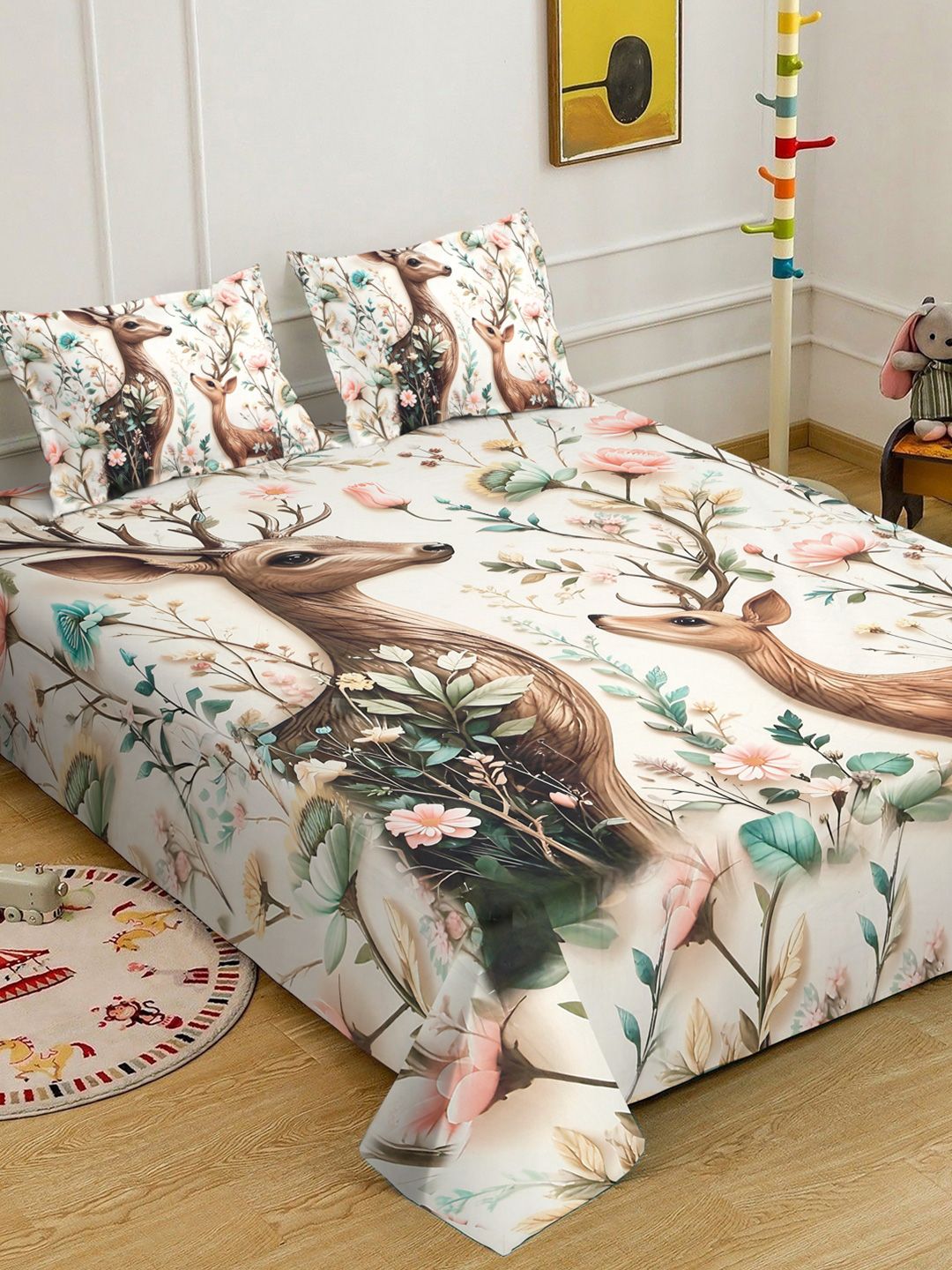 Cream Coloured Animal Printed Fitted 7D 400 TC Double King Bedsheet With 2 Pillow Cover