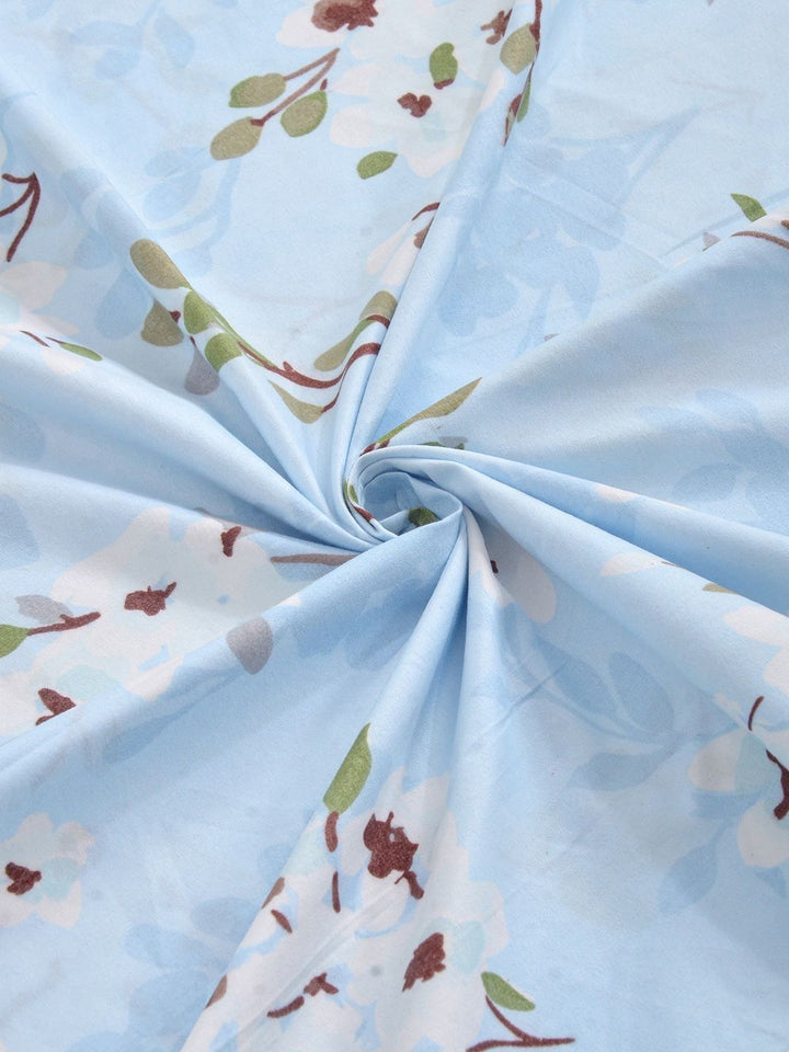 Aura Blue & Green Floral Printed 300 TC Fitted Double King Bedsheet Set-2.5 m X 2.25 m