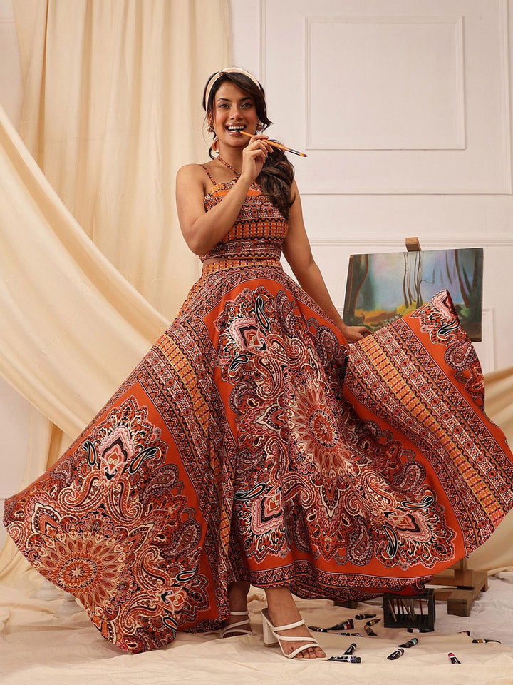 QUIERO Ethnic Motifs Printed Crepe Cut-Outs Fit & Flare Maxi Dress