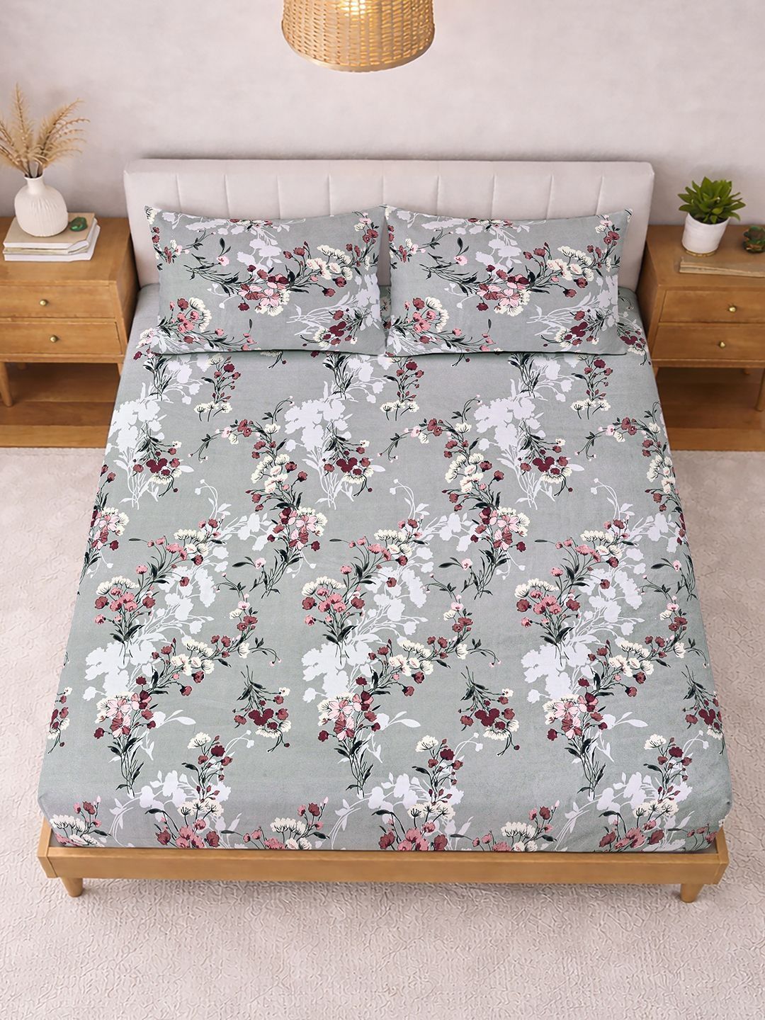 KLOTTHE Grey Floral 300 TC Super King Fine Bedsheets