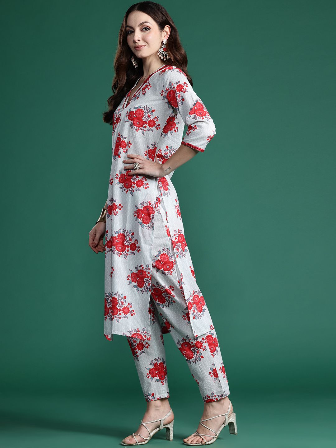 Indo Era Floral Printed Mirror Work Pure Cotton Kurta with Trousers