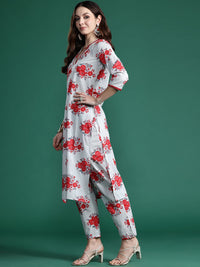 Indo Era Floral Printed Mirror Work Pure Cotton Kurta with Trousers