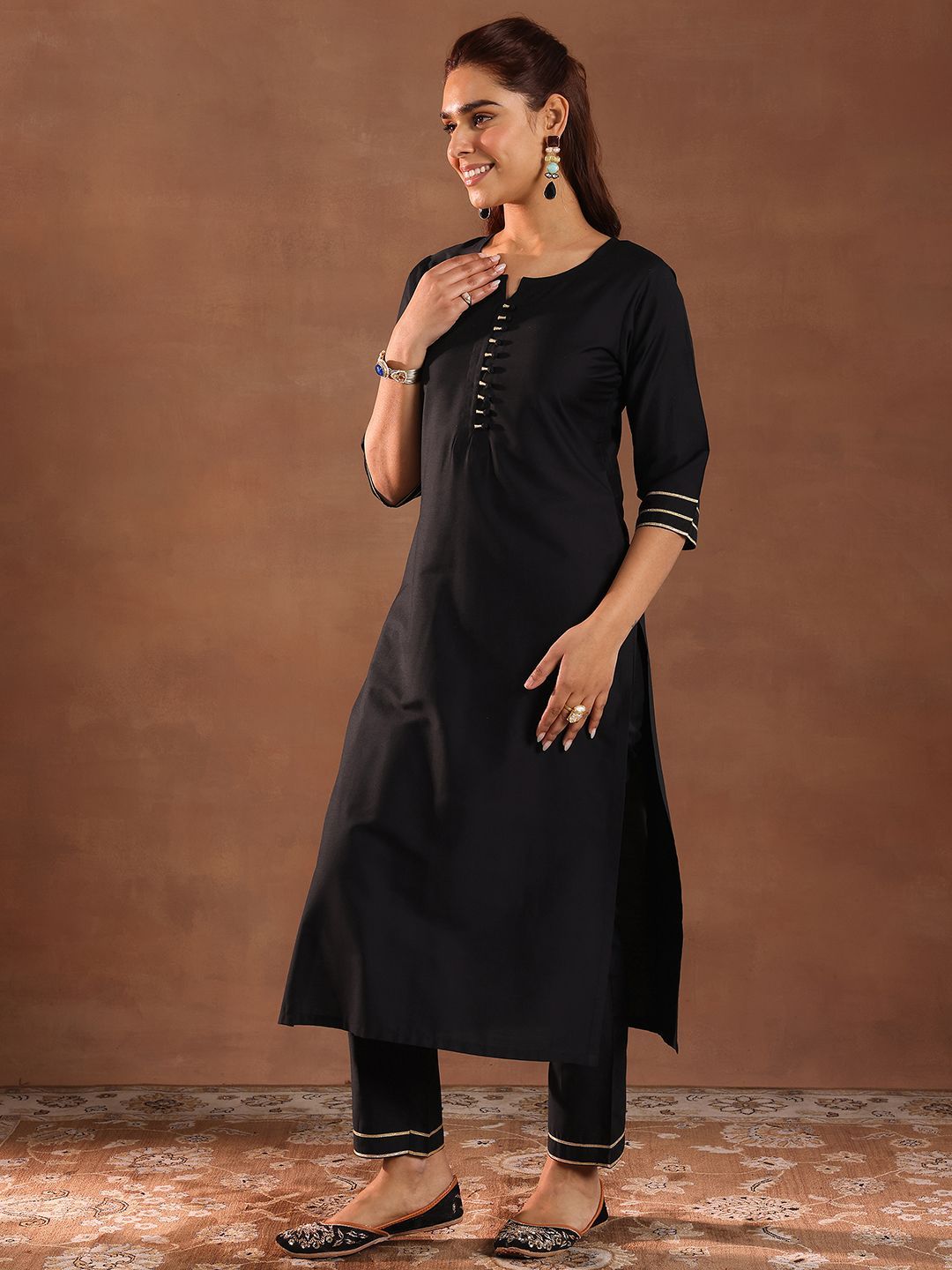 Gerua By Libas Round Neck Gotta Patti Straight Kurta With Trousers & Dupatta