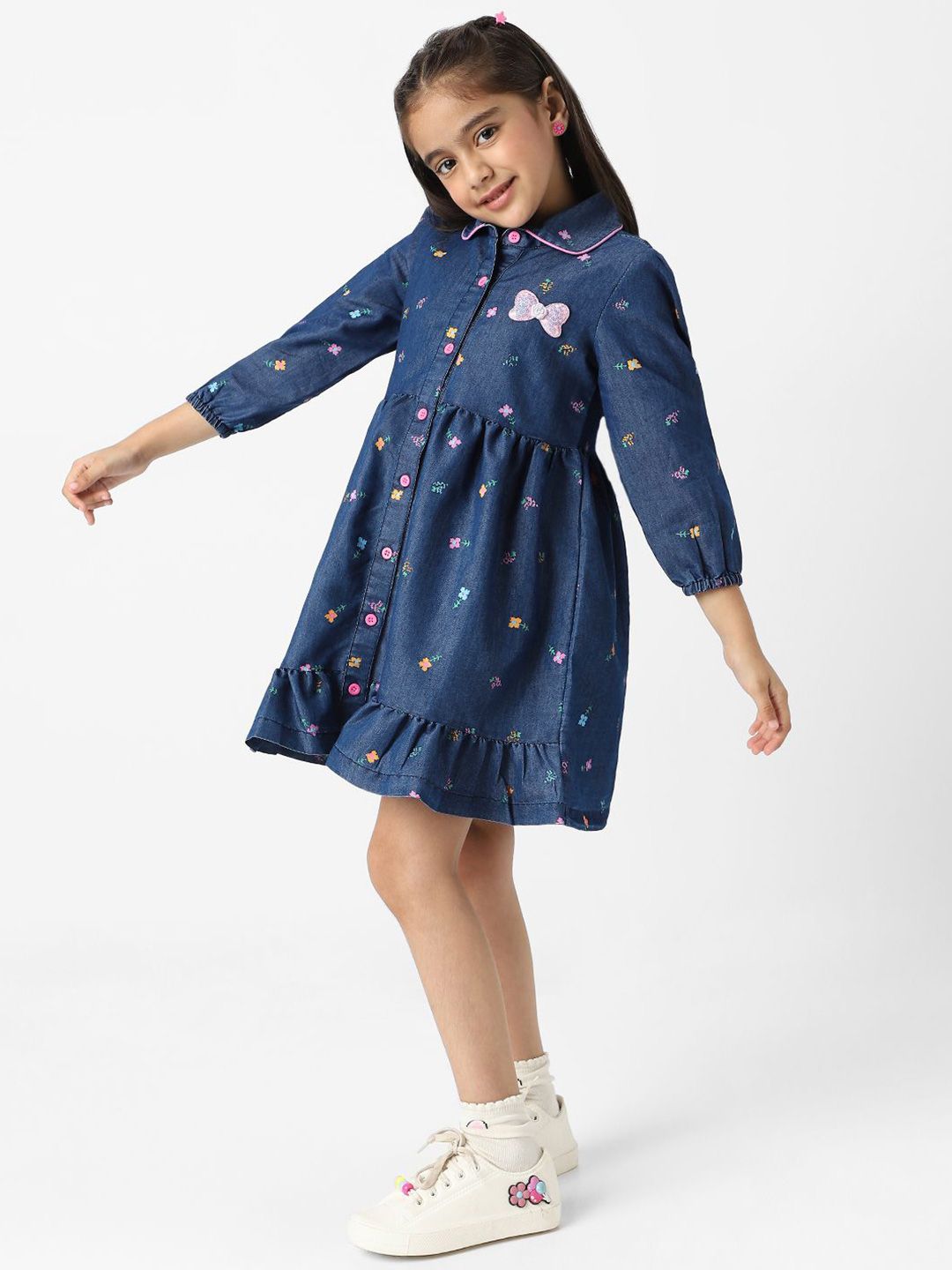 Nauti Nati  Girl Denim Shirt Dress With Puff Sleeves