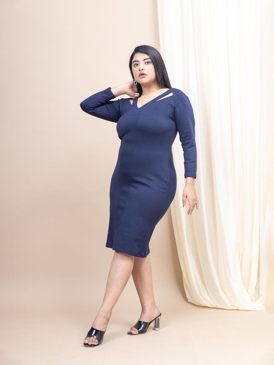 Pakaian Bodycon Potongan Leher V Padat Wanita Mamicha
