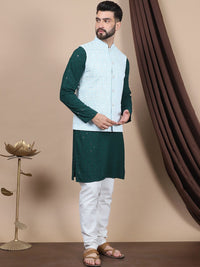 Anouk Floral Embroidered Sequinned Pure Cotton Straight Kurta With Churidar & Nehru Jacket