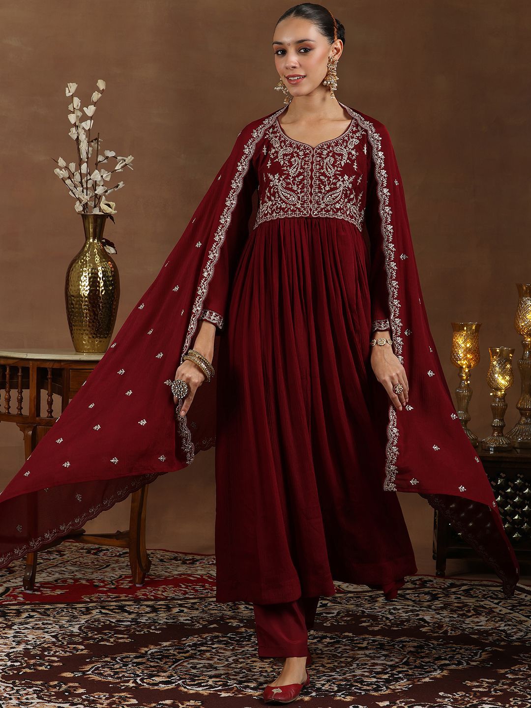 Libas Floral Yoke Design Zari Anarkali Kurta with Trousers & Dupatta