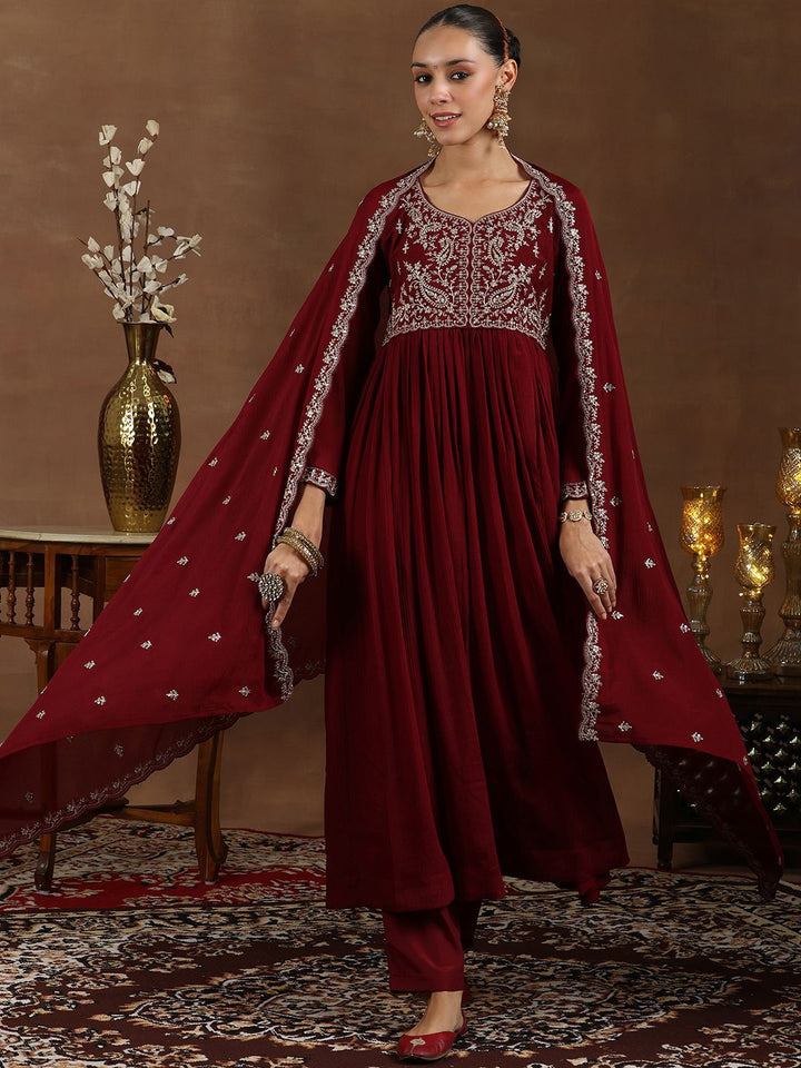 Libas Floral Yoke Design Zari Anarkali Kurta with Trousers & Dupatta