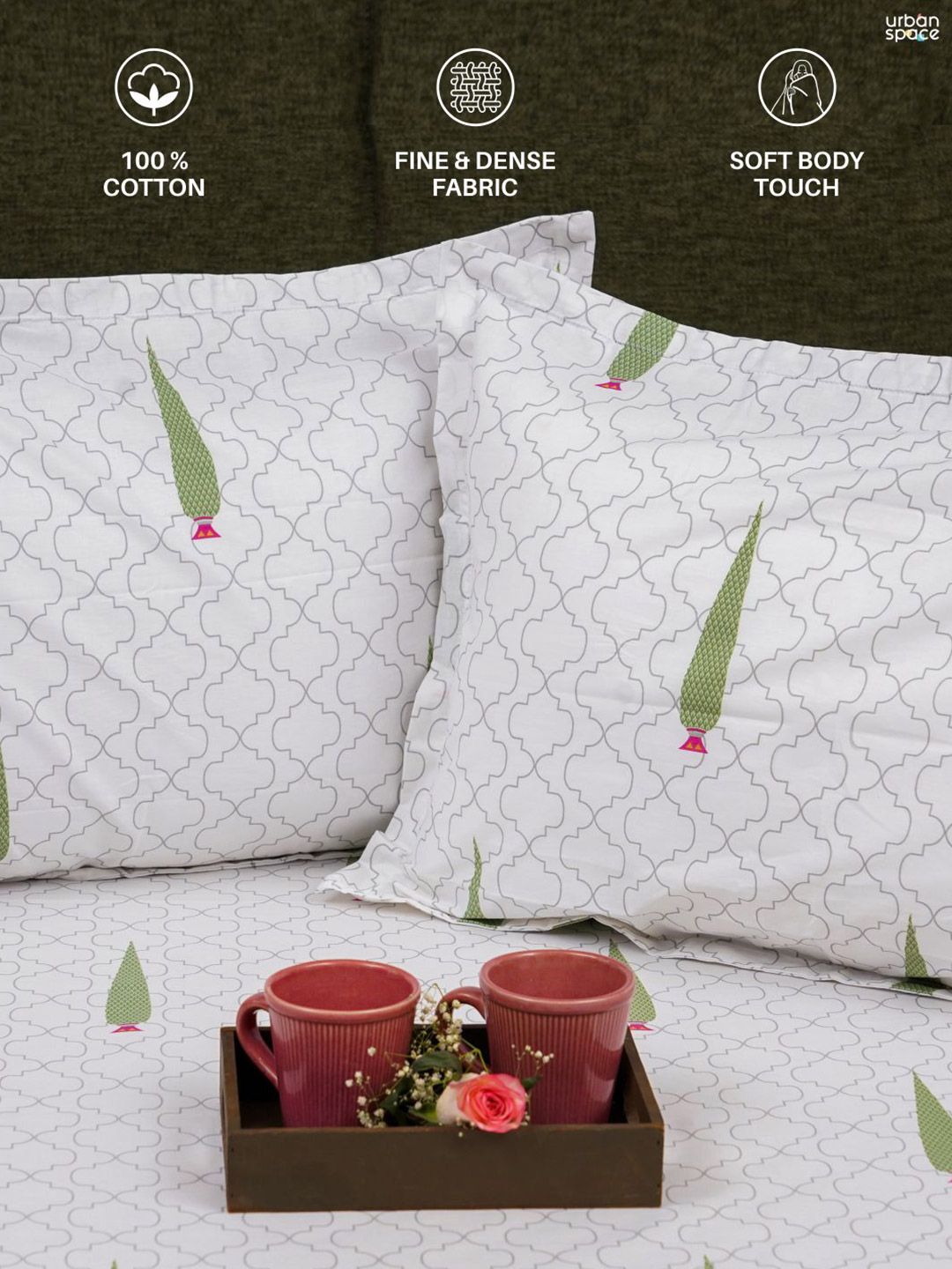 URBAN SPACE Green & White Floral 200 TC Queen Bedsheet with 2 Pillow Covers