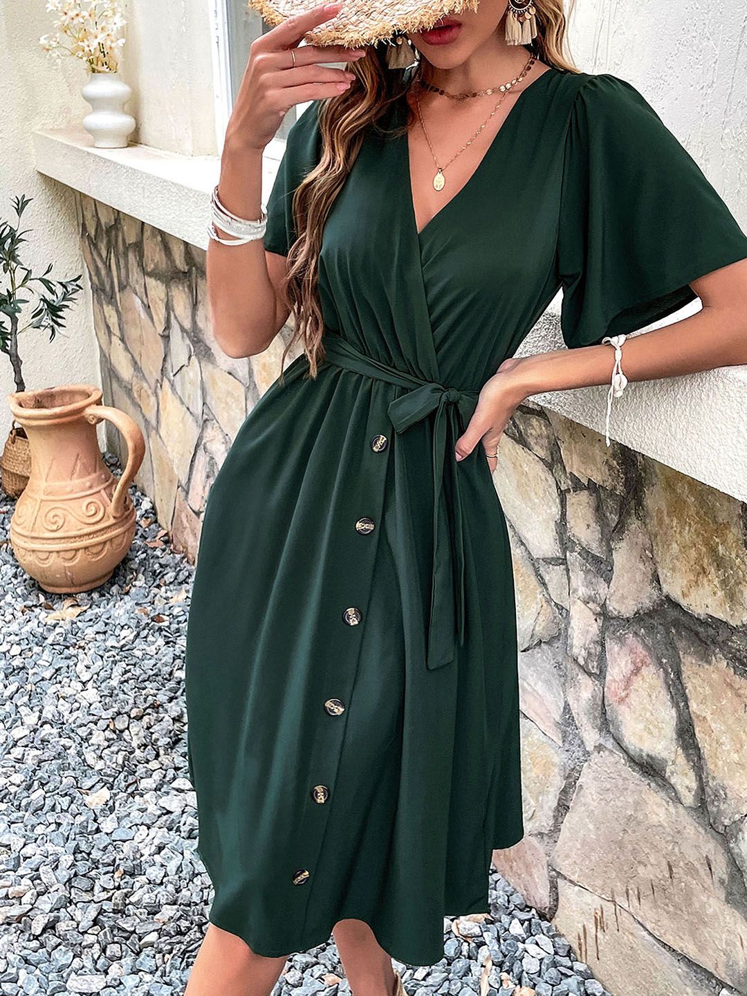 DressBerry Button Detailing Flared Sleeves Midi Wrap Dress with Belt