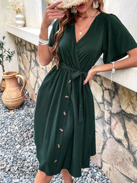 DressBerry Button Detailing Flared Sleeves Midi Wrap Dress with Belt