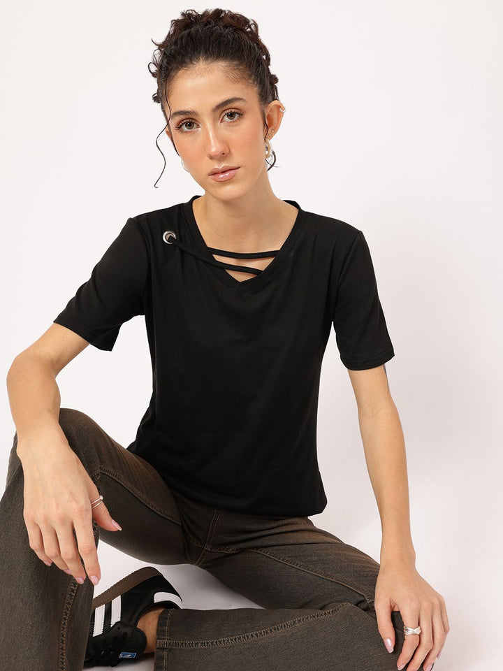 DressBerry Cozy Chic Strap & Ring Detail V-Neck Top