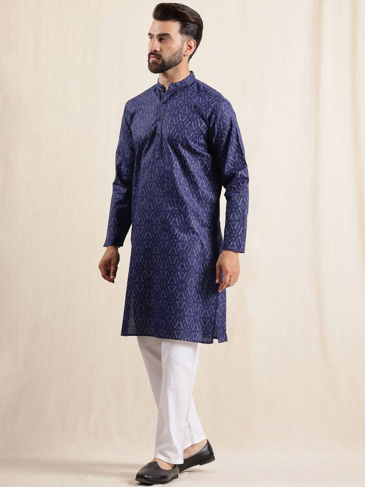 Anouk Geometric Printed Band Collar Straight Kurta With Pyjama And Nehru jacket