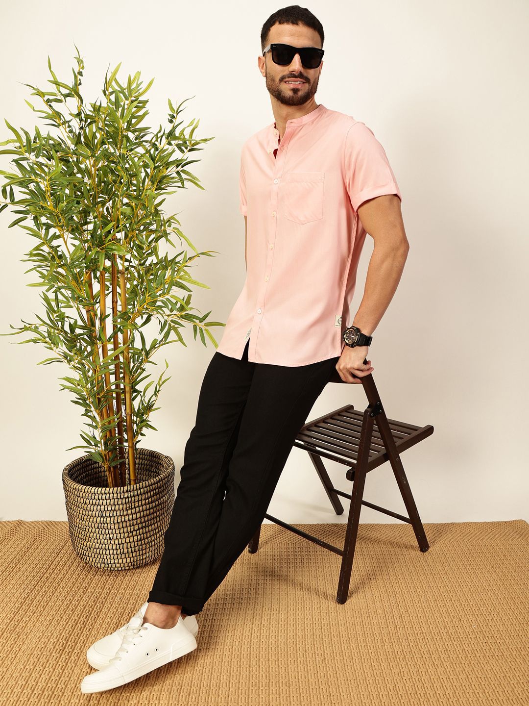 Thomas Scott Men Premium Solid Mandarin Collar Casual Shirt