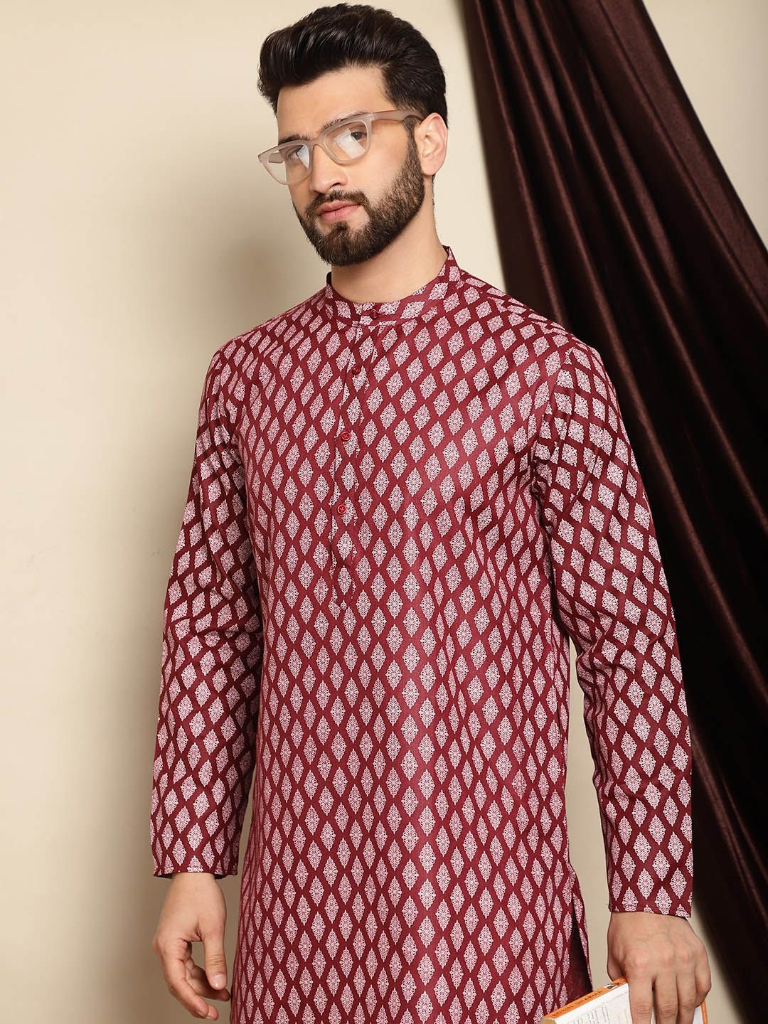 Anouk Maroon Mandarin Collar Ethnic Motifs Printed Straight Kurta with Pyjamas