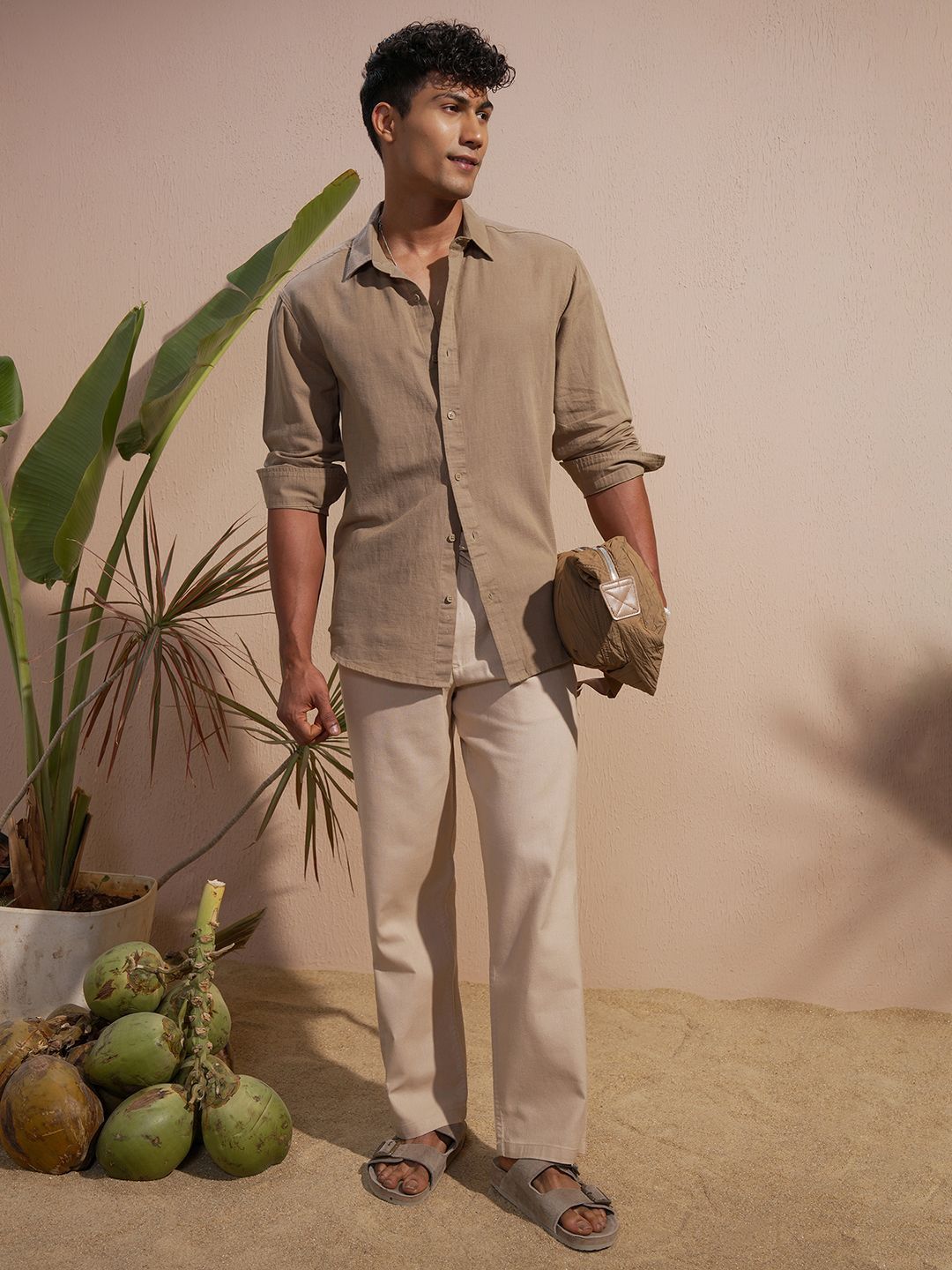 HIGHLANDER Spread Collar Long Sleeves Cotton Linen Relaxed Fit Shirt