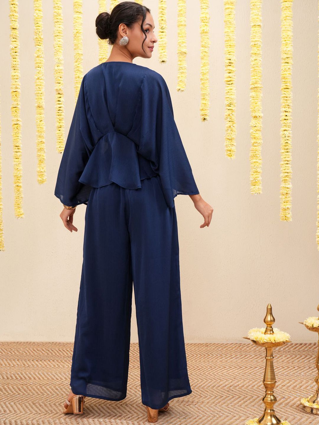 Vishudh Navy Blue V-Neck Long Sleeve Kaftan Top & Trouser