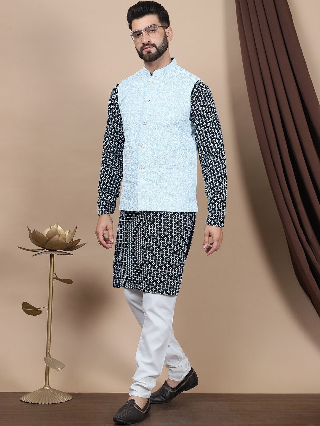 Anouk Blue Ethnic Motifs Embroidered Straight Thread Work Pure Cotton Kurta with Churidar