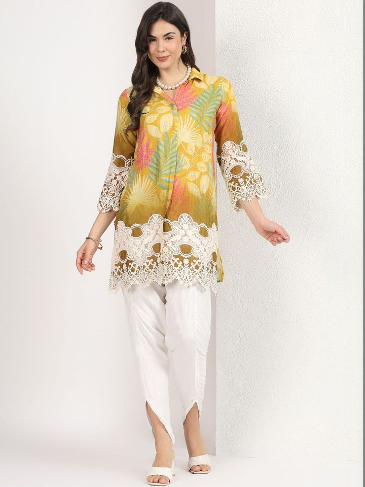 Mamicha Women Floral Printed Regular Thread Work Kurti with Dhoti Pants