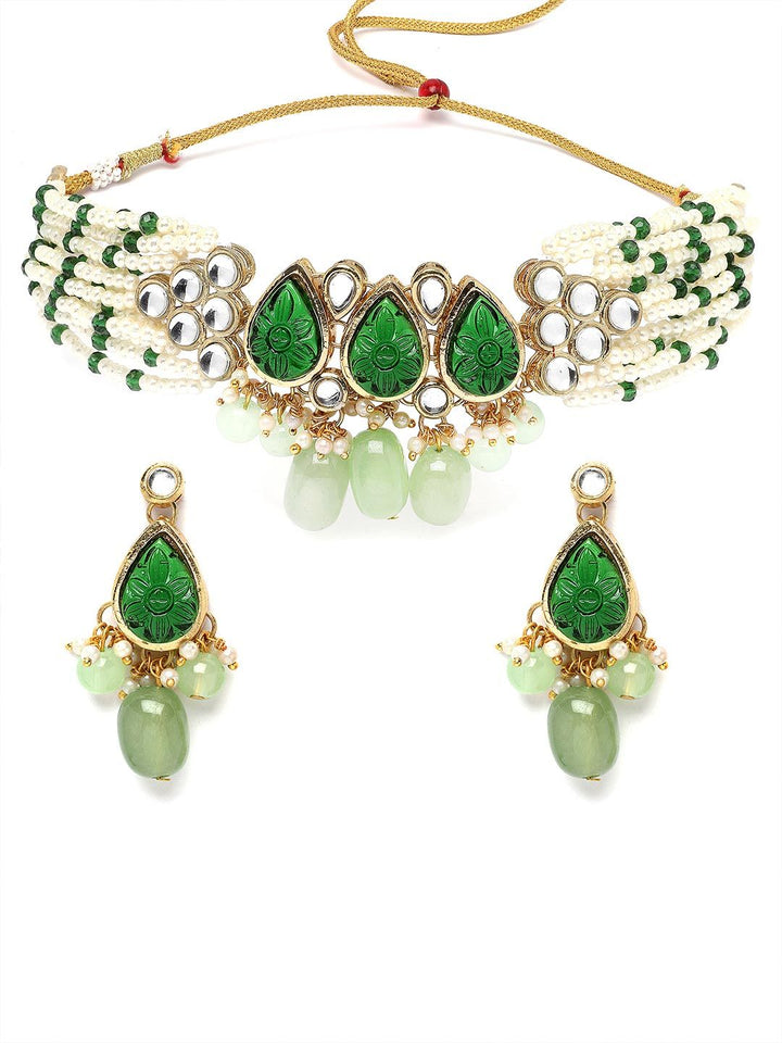 KARATCART Gold-Plated Kundan Stones-Studded & Beaded Jewellery Set