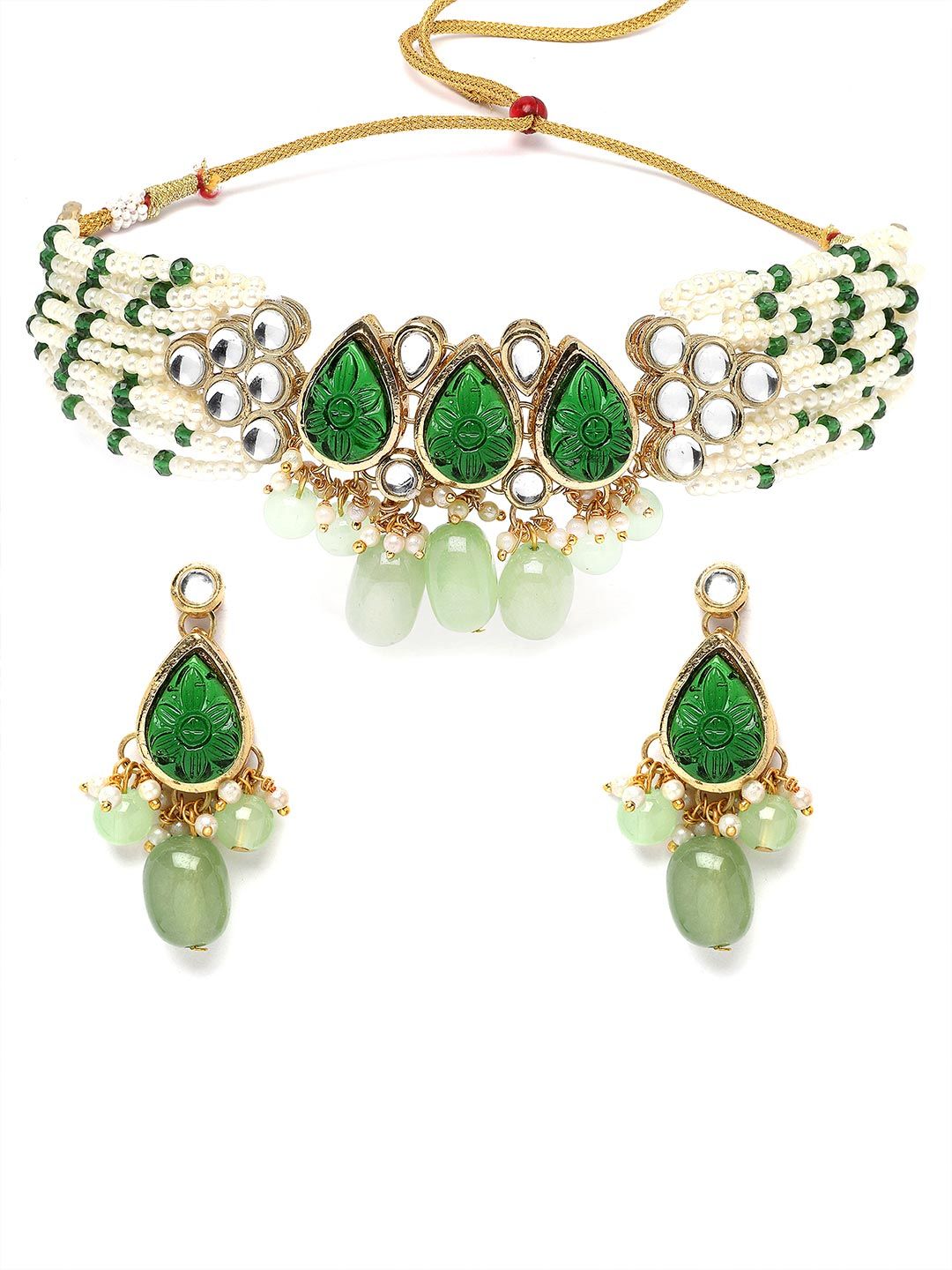 KARATCART Gold-Plated Kundan Stones-Studded & Beaded Jewellery Set