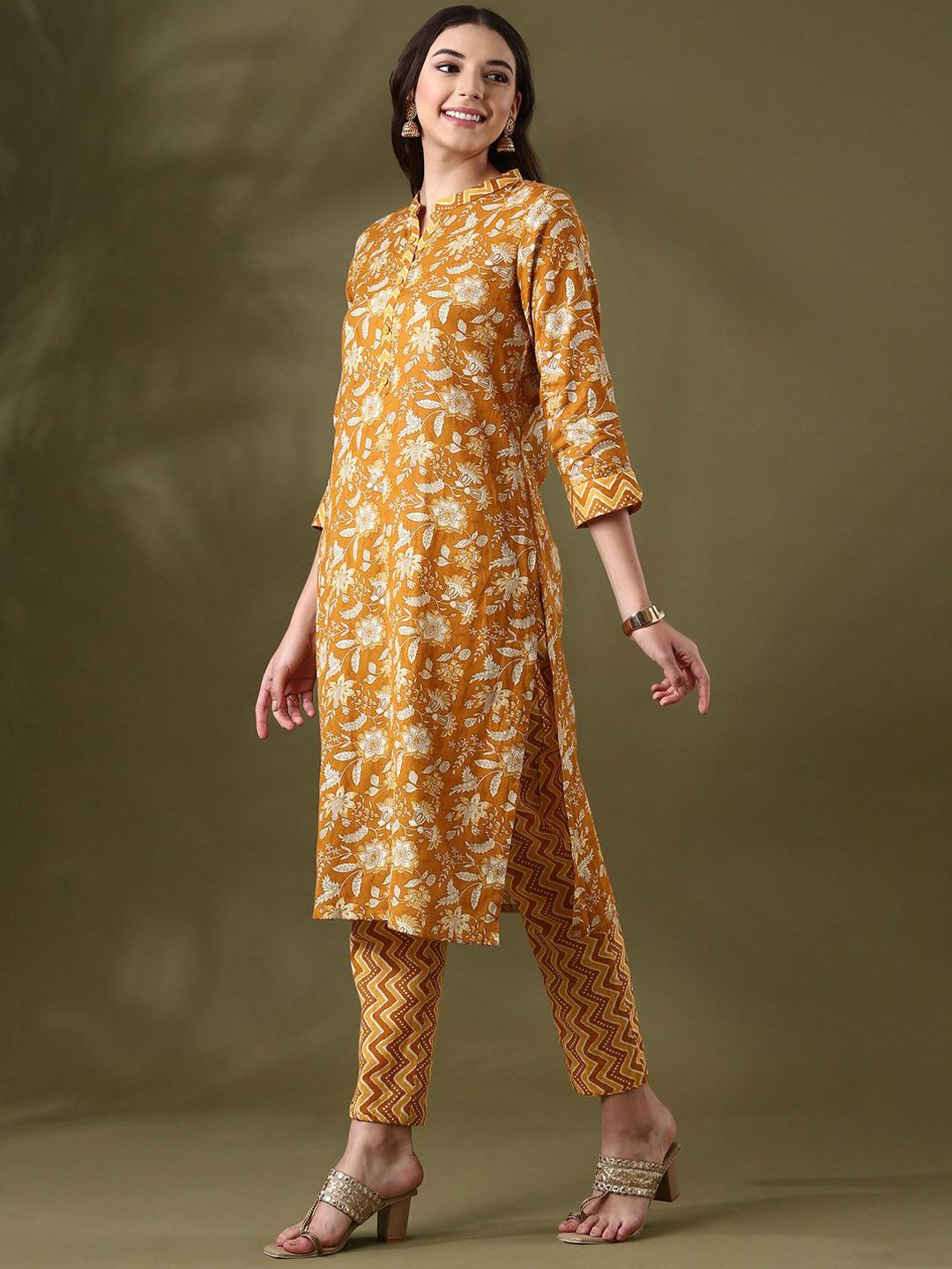 Anouk Mustard Yellow Floral Printed Mandarin Collar PureCotton Straight Kurta With Trouser